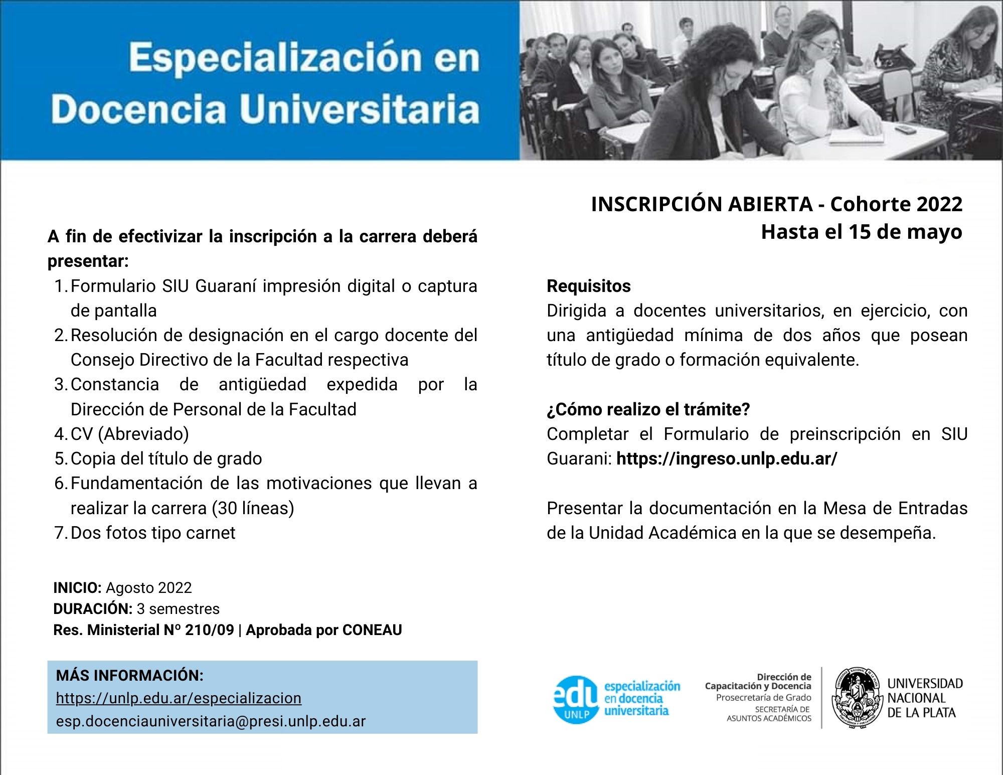 Se extiende la inscripción a la Especialización en Docencia Universitaria